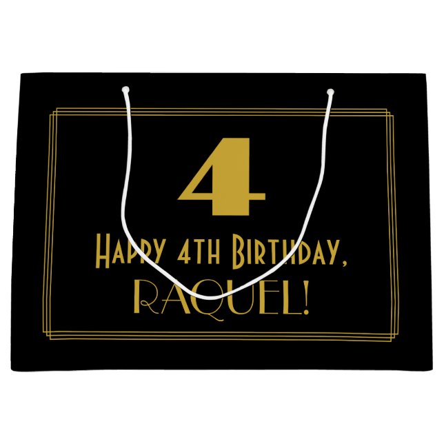 4th Birthday — Art Deco Inspired Look "4" & Name Large Gift Bag (Front)