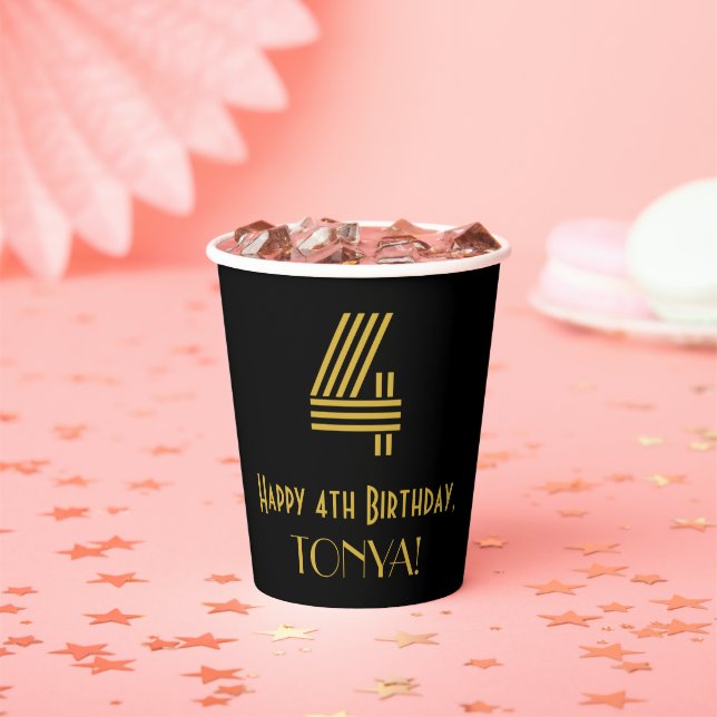 4th Birthday: Art Deco Inspired Look “4” & Name Paper Cups (Insitu)