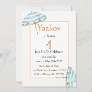 4th Birthday Beach Umbrella Blue Gold Coastal Invitation