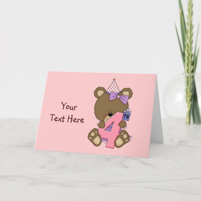 4th Birthday Bear Girl (customizable) Card (Front)