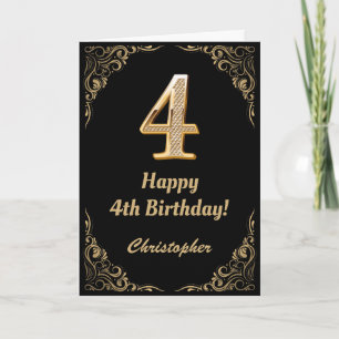 4th Birthday Black and Gold Glitter Frame Card