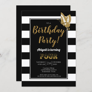 4th Birthday Black and White Stripes Party Invitation