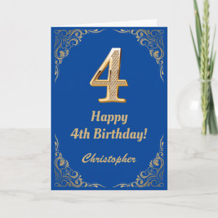 4th Birthday Blue and Gold Glitter Frame Card