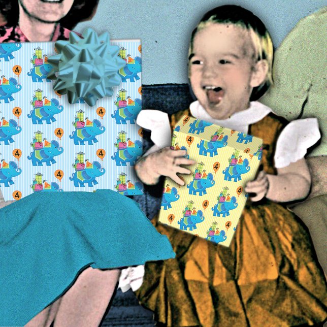 4th Birthday Blue Elephant Balloons Presents Kids Wrapping Paper Sheet (Creator Uploaded)