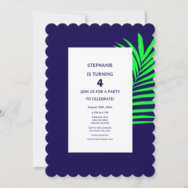 4th Birthday Blue Green Palm Leaf Tropical Four Invitation (Front)