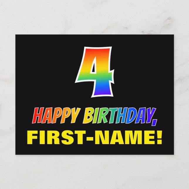 4th Birthday: Bold, Fun, Simple, Rainbow 4 Postcard (Front)