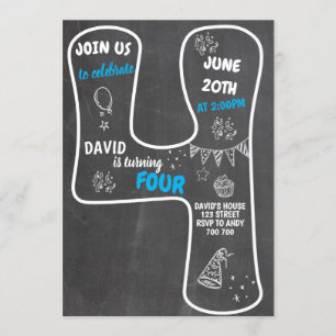 4th Birthday Boy Chalkboard Blue Number Invitation