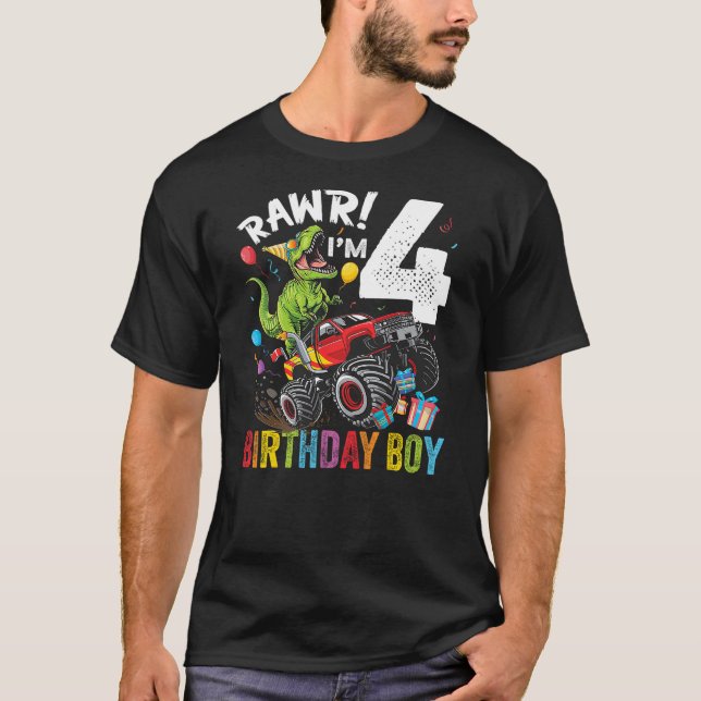 4th Birthday Boy Dinosaur Monster Truck T-Shirt (Front)