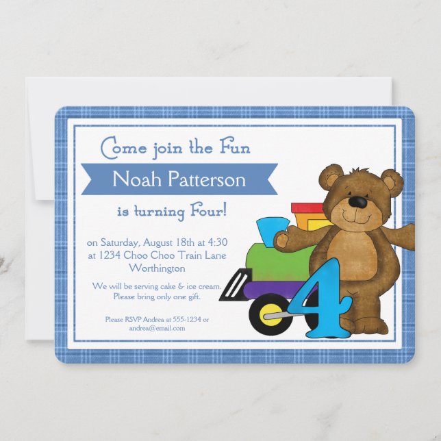 4th Birthday Boy Invitations Teddy Bear Train (Front)