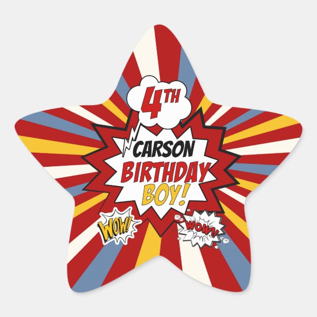 4th Birthday Boy Superhero Comic with Name Star Sticker (Front)