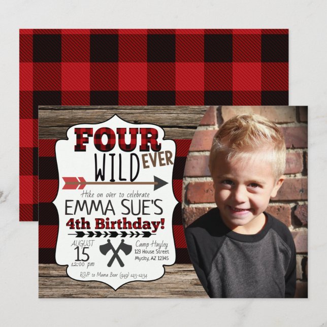 4th Birthday Boys Forever Wild Lumberjack Photo Invitation (Front/Back)