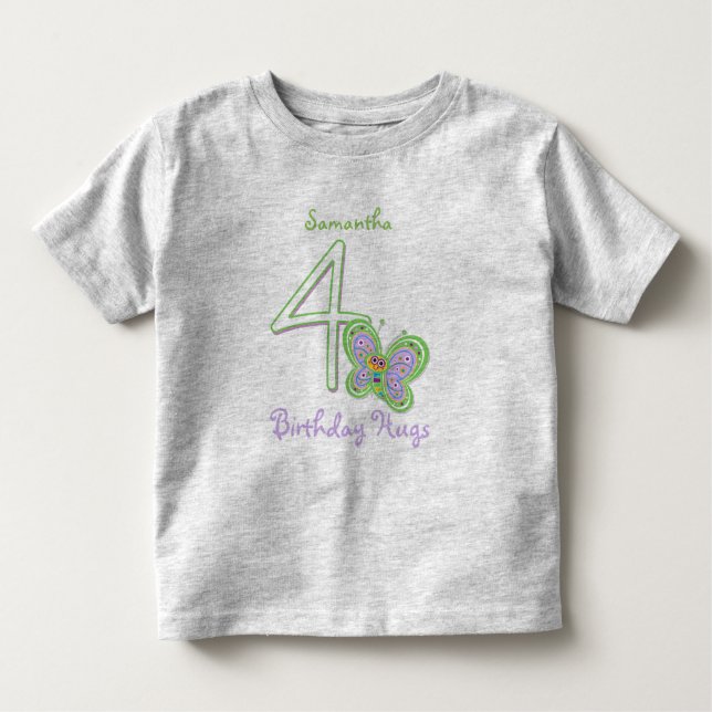 4th Birthday Butterfly Hugs Custom Name Toddler T-Shirt (Front)