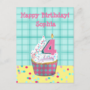4th Birthday Candle Pink Turquoise Foil Cupcake Postcard