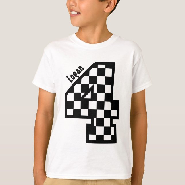 4th Birthday Chequered Four Year Custom Name V01B T-Shirt (Front)