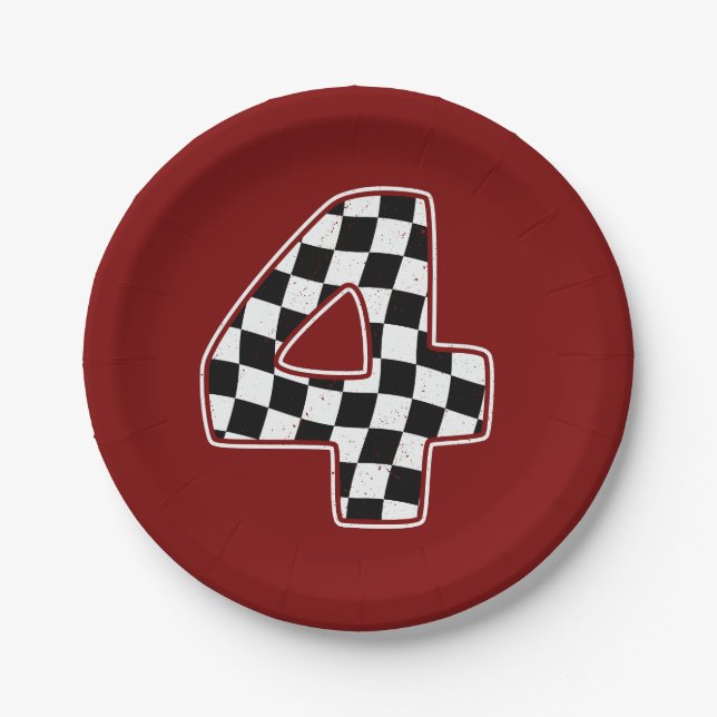 4th Birthday Chequered Number 4 Car Racing Flag  Paper Plate (Front)