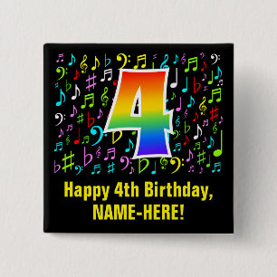 4th Birthday: Colorful Music Symbols, Rainbow 4 15 Cm Square Badge