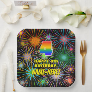 4th Birthday: Colourful, Fun Celebratory Fireworks Paper Plate