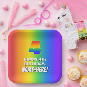 4th Birthday: Colourful, Fun Rainbow Pattern # 4 Paper Plate