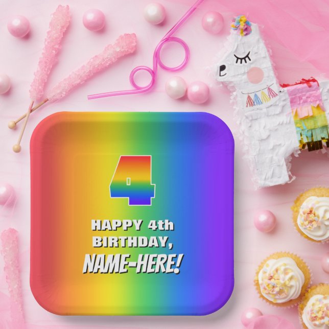 4th Birthday: Colourful, Fun Rainbow Pattern # 4 Paper Plate (Party)