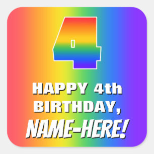 4th Birthday: Colourful, Fun Rainbow Pattern # 4 Square Sticker