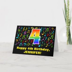 4th Birthday - Colourful Music Symbols & Rainbow 4 Card