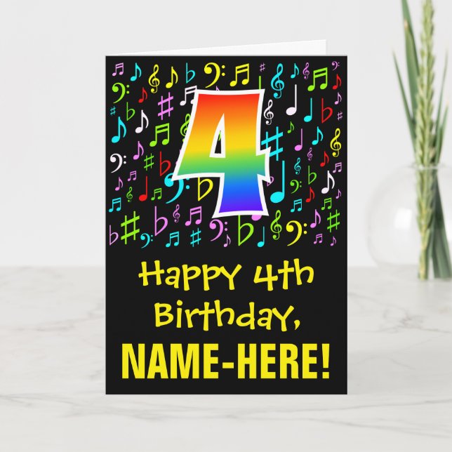 4th Birthday: Colourful Music Symbols + Rainbow 4 Card (Front)