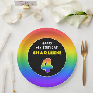 4th Birthday: Colourful Rainbow # 4, Custom Name Paper Plate