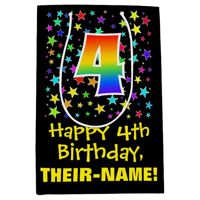 4th Birthday: Colourful Stars Pattern & Rainbow 4 Medium Gift Bag (Front)