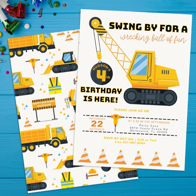 4th Birthday Construction Crane Invitation  (Construction Vehicles Birthday Party Invite)