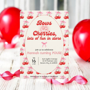 4th Birthday Coquette Cherries Bows Bubble Letters Invitation