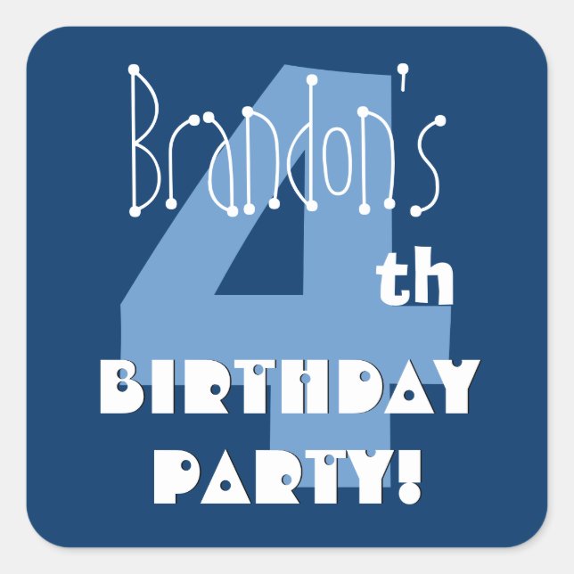 4th Birthday Custom Name Navy and Baby Blue Square Sticker (Front)