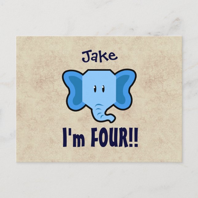 4th Birthday Cute Blue Elephant Face for BOY E04Z Announcement Postcard (Front)
