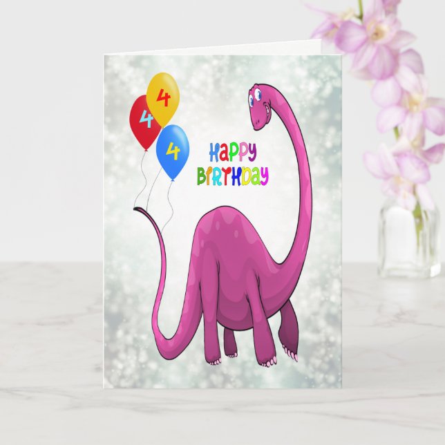 4th Birthday Dinosaur and Ballons Card (Orchid)