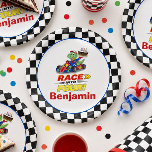 4th Birthday Dinosaur Race Car Ready Set Paper Plate