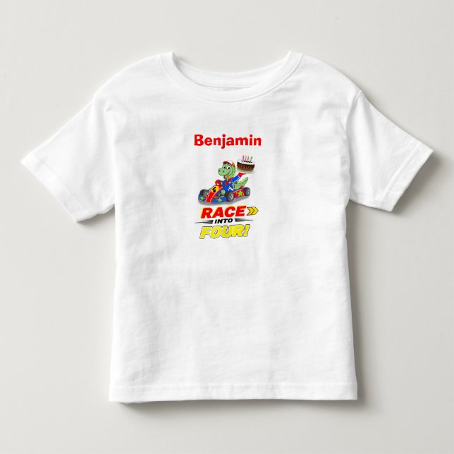  4th Birthday Dinosaur Race Car Ready Set  Toddler T-Shirt (Front)