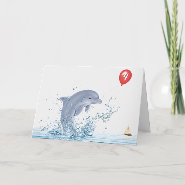 4th Birthday Dolphin With Red Balloon Card (Front)