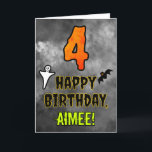 4th Birthday: Eerie Halloween Theme   Custom Name Card<br><div class="desc">The front of this spooky and scary Halloween themed birthday greeting card design features a large number “4”, along with the message “HAPPY BIRTHDAY, ”, and a customisable name. There are also depictions of a ghost and a bat on the front. The inside features a personalised birthday greeting message, or...</div>