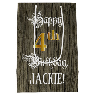 4th Birthday: Faux Gold Look & Faux Wood Pattern M Medium Gift Bag