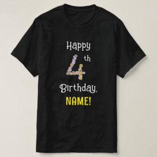4th Birthday: Floral Flowers Number “4” + Name T-Shirt
