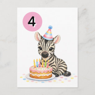 4th Birthday for Girls Sweet Zebra Postcard 