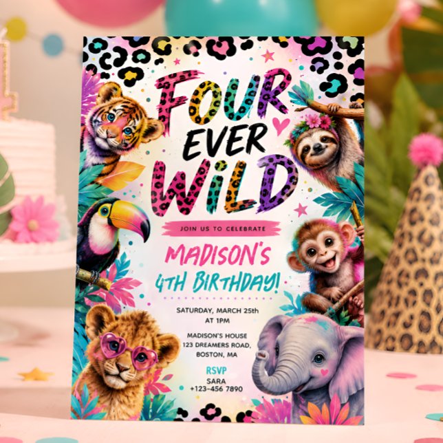 4th Birthday Four Ever Wild Animals Party Invitation (Creator Uploaded)