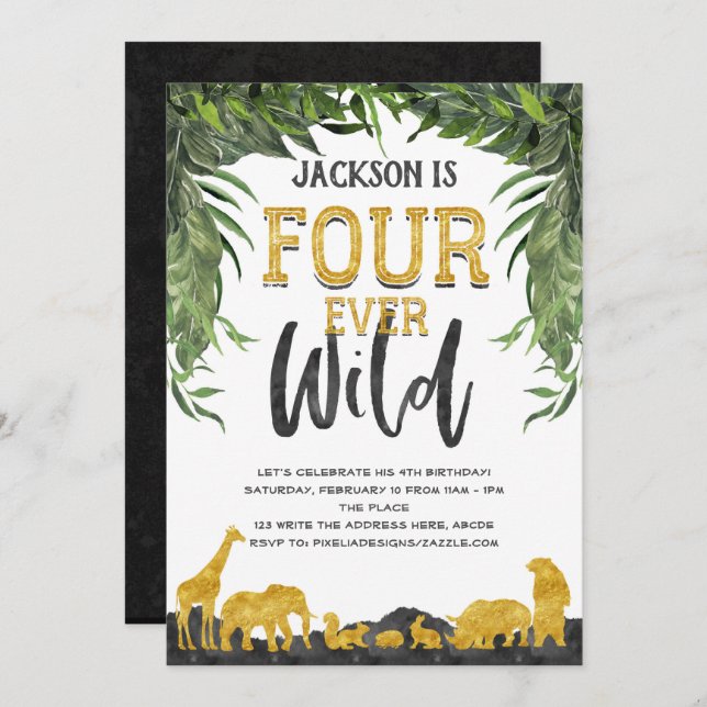 4th birthday, Fourever wild, Jungle, safari animal Invitation (Front/Back)