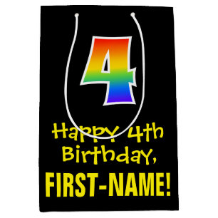 4th Birthday: Fun, Bold, Colourful, Rainbow "4" Medium Gift Bag