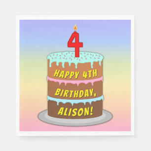 4th Birthday: Fun Cake and Candle + Custom Name Napkin