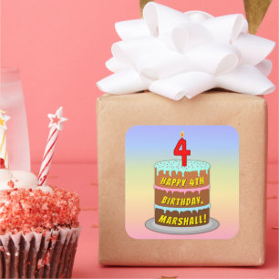 4th Birthday: Fun Cake and Candle + Custom Name Square Sticker