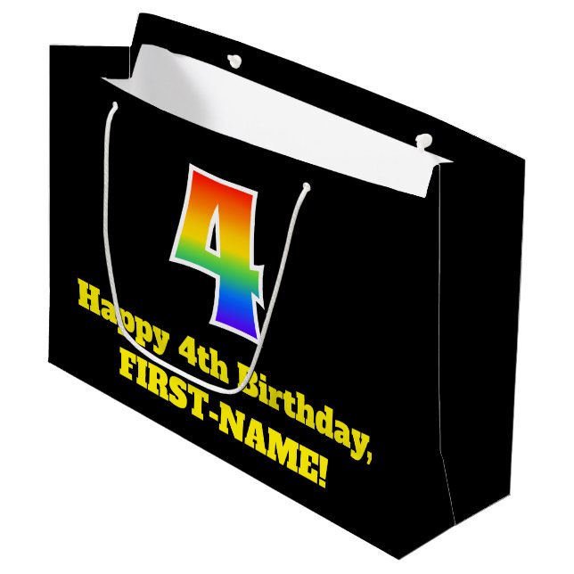 4th Birthday ~ Fun, Colourful, Vibrant, Rainbow 4 Large Gift Bag (Front Angled)