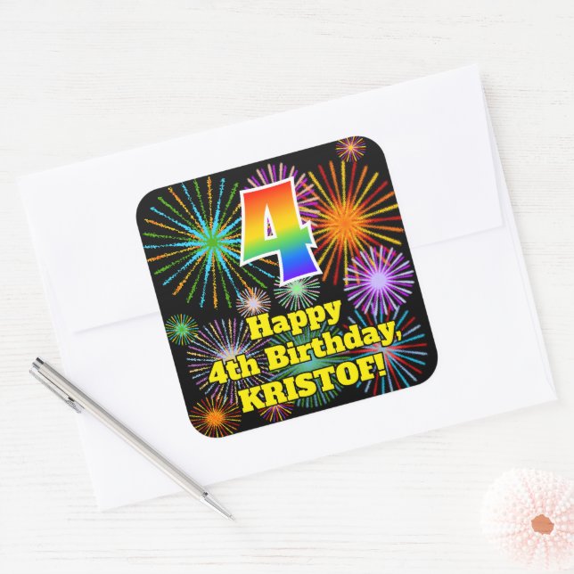 4th Birthday: Fun Fireworks Look, Rainbow # 4 Square Sticker (Envelope)