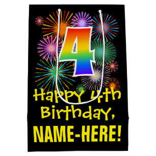 4th Birthday: Fun Fireworks Pattern + Rainbow 4 Medium Gift Bag