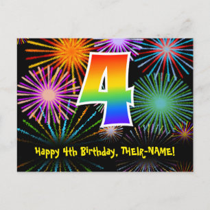 4th Birthday – Fun Fireworks Pattern + Rainbow 4 Postcard