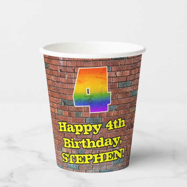 4th Birthday: Fun Graffiti-Inspired Rainbow 4 Paper Cups (Front)